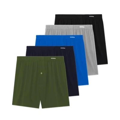 Image of FM London 5 pack Men&#039;s Boxers Loose Fit Super Soft 100% Cotton Underwear Solid colours with Button Fly and Comfort Stretch Waistband, Dark Assorted, L