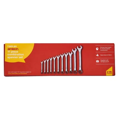 Image of Amtech K0400 Combination Spanner Set, Drop Forged and Chrome Plated Spanners, 6mm to 19mm