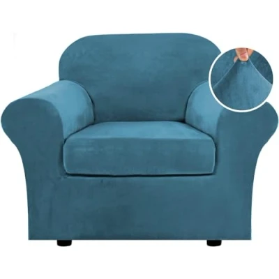 Image of LINGKY Velvet Sofa Cover 1 Seater With Separate Seat Cushion Covers, Stretch Couch Non Slip Slipcovers for Living Room Furniture Protector (Peacock Blue,1 Seater)