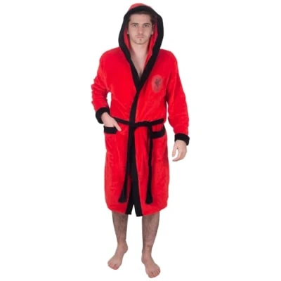 Image of Liverpool FC Official Gift Mens Hooded Fleece Dressing Gown Robe Red Medium