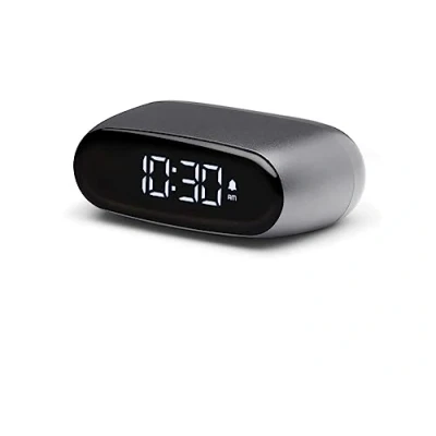 Image of Lexon MINUT Mini Compact Alarm Clock with VA LCD Screen Pure Black, Touch Control, Snooze Function and Backlight, Rechargeable Battery, Aluminium Finish Metallic Grey