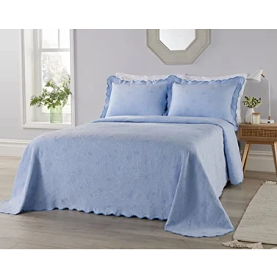 Image of Duvet and Pillow Company BLUE KING SIZE BEDSPREAD Matelassé Bedspreads &amp; Coverlets FLORAL TEXTURED FRENCH STYLE Summer Blankets Throws for Beds (260 x 260cm)