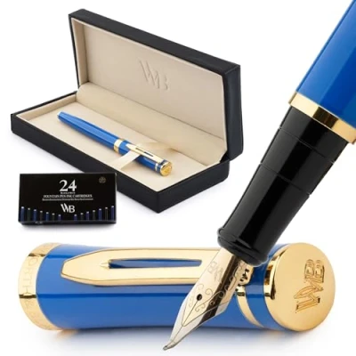 Image of Wordsworth &amp; Black Fountain Pen Set, Bent Nib, Includes 24 Pack Ink Cartridges, Refill Converter Gift Box, Calligraphy, [Imperial Blue], Perfect for Men Women