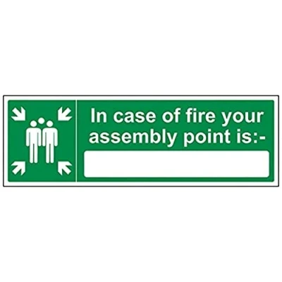 Image of V Safety 17026BJ R In Case Of Fire Your Assembly Point Is: Sign Landscape 450mm x 150mm 1mm Rigid Plastic, Green