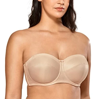 Image of Delimira Women&#039;s Strapless Bras Underwire Non Padded Support Multiway Bandeau Bra for Bigger Bust Beige 42F