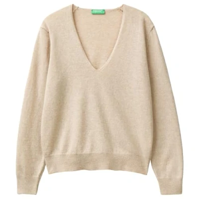 Image of United Colors of Benetton Women&#039;s V Neck Jersey M/L 1002d401y Sweater, Beige, S