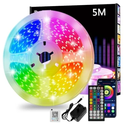 Image of Led Strip Light 5m, Cuttable RGB Lights with Smart App Control Remote, Music Sync Colour Changing for Bedroom, Gaming Room, Kitchen, Home Decoration