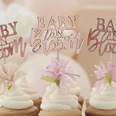 Image of Ginger Ray Rose Gold Floral Baby Shower Cupcake Toppers, 12 pack