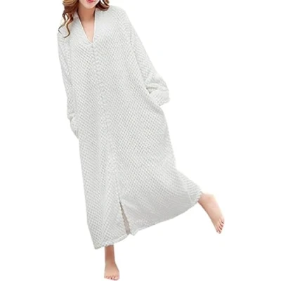 Image of DSNOW Ladies Zip Fleece Waffle Long Dressing Gown Fluffy Towelling Bathrobe Sleepwear, Multicolour,Ivory White, XL