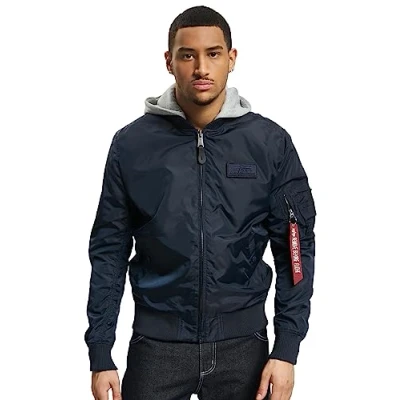 Image of Alpha Industries Men&#039;s MA 1 TT Hood Bomber Jacket, Rep.Blue, XL