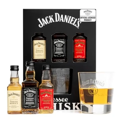 Image of Jack Daniels Gift Set Whiskey 3x 5cl Honey, Fire, JD Whisky Old No7 Mini Alcohol Bottles, Tennessee Glass Christmas Gifts for Men, Boyfriend Him