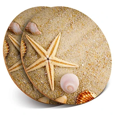 Image of 2 x Round Coasters Amazing Beach Sea Shells Seaside Cork Backed Home Kitchen Accessory Tea Coffee Mug Mat #8535