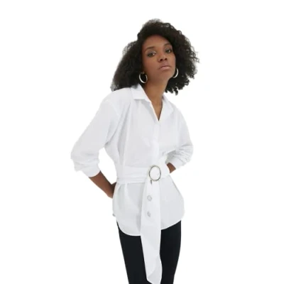 Image of Trendyol Women Basic Oversize Shirt Collar Woven Weiß