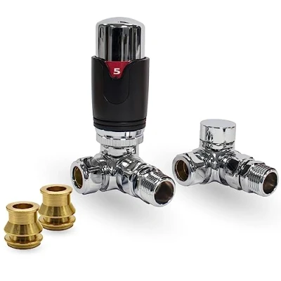 Image of Thermostatic TRV Corner Black/Chrome Radiator Valves 1/2&quot; x 15mm with Brass Reducer Compression Valve to 10mm