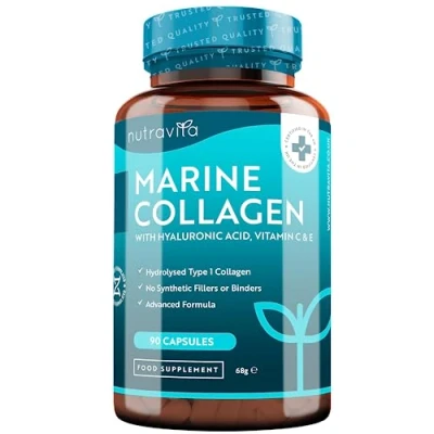 Image of Marine Collagen 1000mg Enhanced with Hyaluronic Acid 100mg 90 Super Strength Capsules Hydrolysed Supplements Vitamin C, E, B2, Zinc, Copper Made in The UK by Nutravita