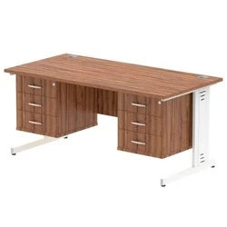 Image of Impulse 1600x800 Desk Walnut White Cable Managed + 2x Fixed Pedestal