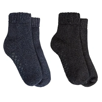 Image of Sock Stack 2 Pairs Of Mens Merino Wool Slipper Socks With Non Slip Soles Black Navy Thermal Lounge