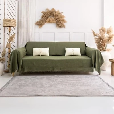 Image of Milam London Sofa Throws Large 3 Seater Cover 100% Cotton Throw Blanket Couch Settee 180 x 300 cm Olive Green