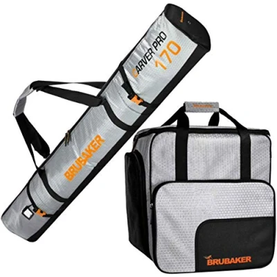 Image of BRUBAKER Combo Set CarverTec Pro Ski Bag and Boot for 1 Pair of Skis + Poles Boots Helmet Silver Orange 66 7/8 Inches / 170 Cm