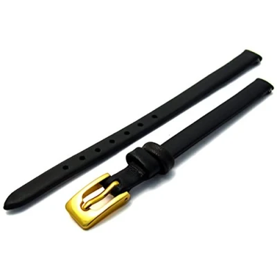 Image of Ladies Soft Genuine Leather watch Strap Band 6mm, Black, Gilt (Gold Colour) buckle