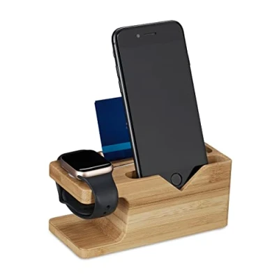 Image of Relaxdays Charging Station, Tablet &amp; Smartphone, iPhone, Apple Watch, H x W D: 6 14 6.5, Bamboo, Natural