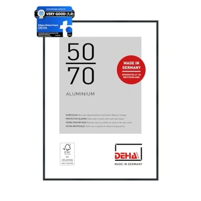 Image of DEHA Design Tribeca Photo Frame 50x70cm, Aluminium Picture Frame, Black with Protective Acrylic Glazing and Push Turn Clips Brushed Frosted