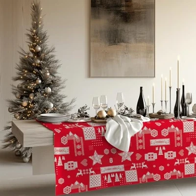 Image of KP HOME PVC Table Cloth Wipe Clean Tablecloth Red Scandi Christmas Reindeers Rectangular 250 x 140 Long Wipeable Vinyl Plastic Cover 8 Seat 250x140 Waterproof Oilcloth Stag Xmas