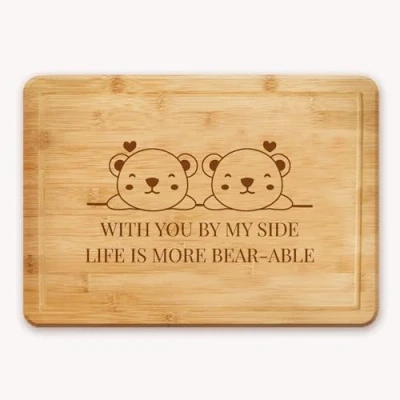 Image of Personalised Wedding Gift or Anniversary Chopping Board Cheese Cutting Board, a Nice Present for Valentines Day I Love You Bear Message Design with Customised Name