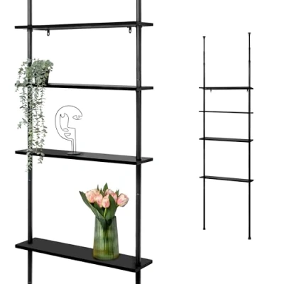 Image of bremermann Telescopic Wall Shelf with 4 Shelves Made of Bamboo, Versatile in the Living Room, Hallway, Bathroom, Office or Kitchen Variable Installation Height from 140 to 290 cm (Complete Black)