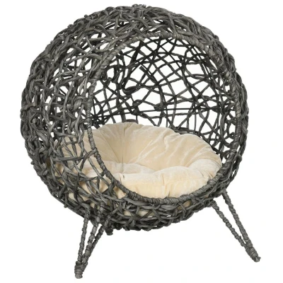 Image of PawHut Rattan Elevated Cat House Kitten Bed Pet Furniture W/Cushion Grey
