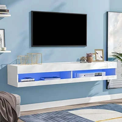 Image of Floating TV Stand Cabinet, Wall Mounted Console, Television for Living Room, Entertainment Office, Modern Unit with 2 Storages (White)