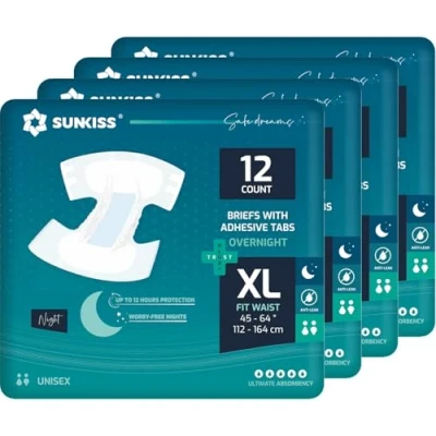 Image of SUNKISS TrustPlus Overnight Adult Diapers with Ultimate Absorbency, Unisex Incontinence Briefs Tabs for Men and Women, Odor Control, XLarge, 48 Count (4 Packs of 12)