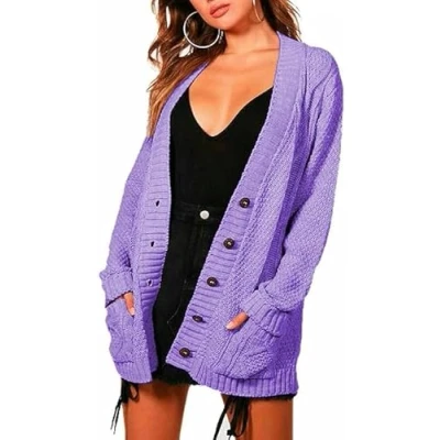 Image of MAYA® Plus Size Womens Button Long Sleeve Pocket Top Ladies Knitted Cardigan (Lilac, 14 16)
