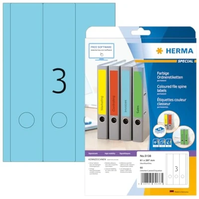 Image of HERMA Self Adhesive Spine Labels, 3 Labels per A4 Sheet, 20 Sheets, 61 x 297 mm, 60 Blank Lever Arch File Folder Stickers, Sticky for Laser &amp; Inkjet Printer, Blue