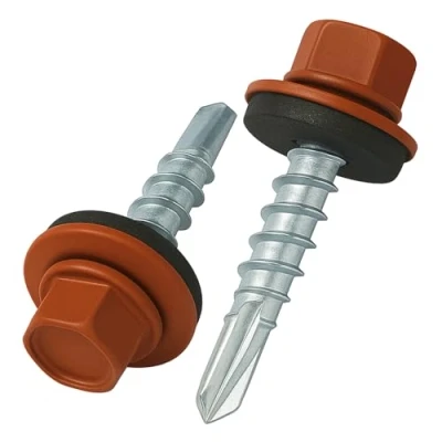 Image of 4.8 mm x 25 Roofing Screws, Hex Head Self Drilling Color (RAL 8004 Copper Brown) Roof Screws with EPDM Sealed Washer, Rust Proof Zinc Plated Hardened Coarse Threads Screw for Outdoor Use (50 pcs)