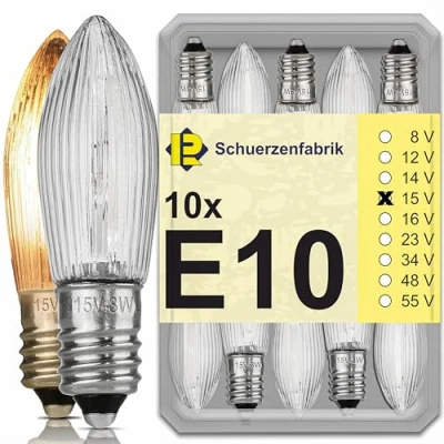 Image of 10x Tapered Candle E10 15V 3W Replacement Bulbs Top for Fairy Lights and Arch 2200K in Sturdy Plastic Box