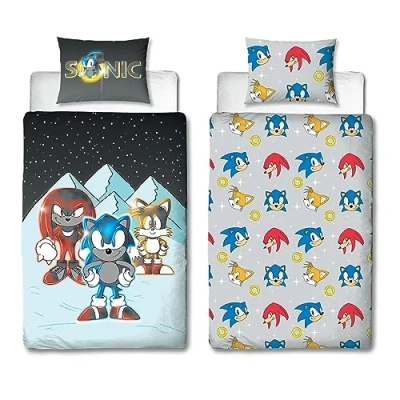 Image of Character World Sonic the Hedgehog Official Single Duvet Cover Set, Snow Design Reversible 2 Sided Bedding Merchandise Including Matching Pillow Case Gaming Bed Set