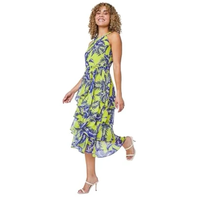 Image of Roman Petite Womens Tiered Tropical Print Midi Dress Lime Green Size 18 UK
