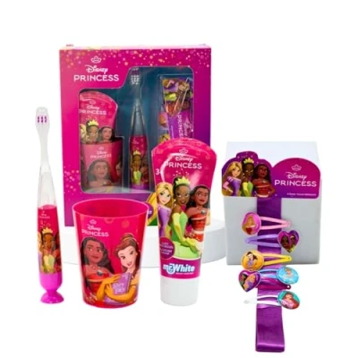 Image of Disney Princess Kids Oral Care Kit Gift Set Contains Battery Powered Flashing Toothbrush with Soft Bristles, Mint Toothpaste, Multi Purpose Beaker and Hair Clips Organiser for Ages 4+
