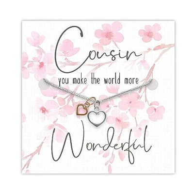 Image of Purple Piglet Gifts Cousin Sterling Silver Rose Gold Heart Necklace Double Two Pendant Box Chain Versatile Design Unique &amp; Thoughtful Gift Birthday Present From