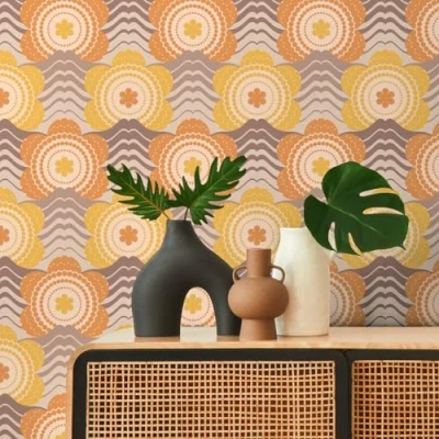 Image of A.S. Création Retro 70&#039;s Floral Wave Wallpaper Beige/Brown/Orange/Yellow Chic 395395 8.50m x 0.53m Paste The Wall
