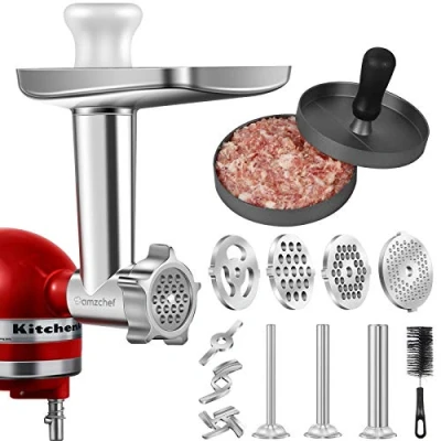 Image of AMZCHEF Metal Meat Grinder Attachment for Kitchenaid Stand Mixer, Kitchen Aid Mincer Accessories Included 3 Sausage Stuffer Tubes, 4 Grinding Plates, 1 Burger Press, Brush, Without Machine