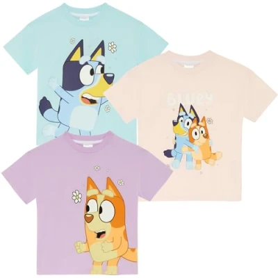Image of Bluey Girls Three Pack 100% Cotton Oversized Shoulders T Shirts Bingo 7 8 Years