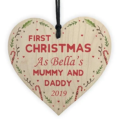 Image of RED OCEAN PERSONALISED First Christmas As Mummy And Daddy Wooden Bauble Tree Decoration Newborn Baby Gifts