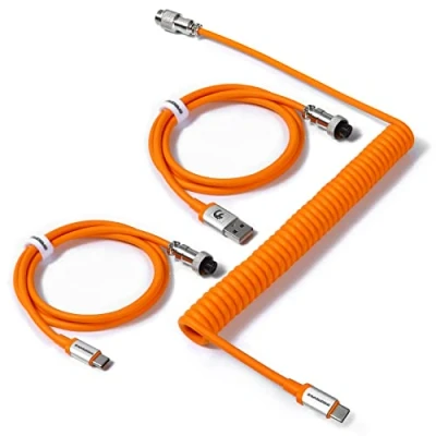 Image of MAMBASNAKE C04 Coiled USB C Cable for Mechanical Keyboards, Custom 2 In 1 Aviator A To Type &amp; C, Double Sleeved Spring Charging with 5 Pin Connector Orange