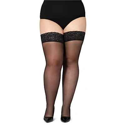 Image of Bellivalini Women&#039;s Hold Up Stockings with Lace Plus Size 20 DEN BLV 1126 (Black, 3XL)
