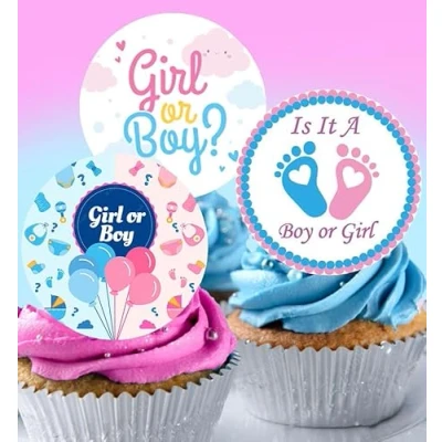 Image of 24 x Pre Cut Gender Reveal 7 Edible Stand up Wafer/Rice Paper Cupcake Cake Dessert Toppers Party Boy or Girl Baby Shower Decorations (Gender 7)