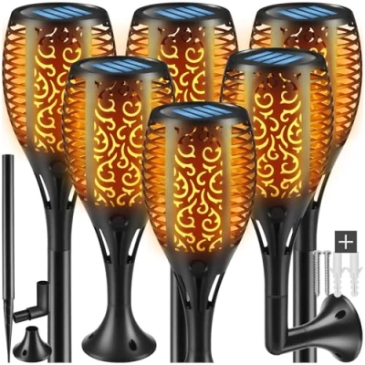 Image of tectake® Set of 6 Solar Garden Lights with Flame Look &amp; Automatic On/Off Sensor, 8 Hours Operation 3 Mounting Options, Weather Resistant Outdoor for Garden, Patio, Balcony