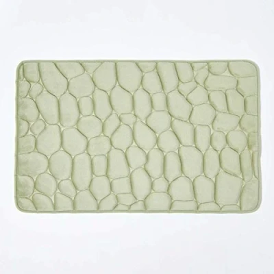 Image of HOMESCAPES Memory Foam Sage Green Bath Mat Non Slip Full Size 50 x 80 cm Pebble Design Soft Velvet Surface Anti Rubber Backing Machine Washable Shower