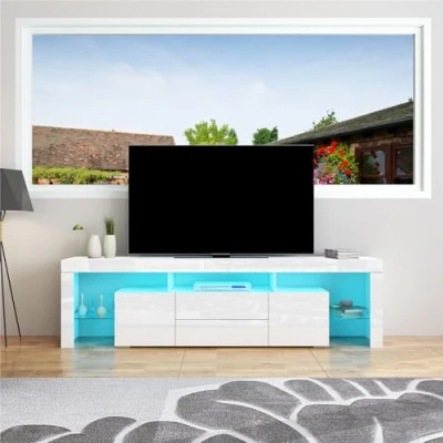 Image of 200cm LED TV Cabinet, Modern High Gloss Stand Storage Unit with 2 Doors Drawers &amp; Glass Shelves, Sideboard for Living Room Bedroom Furniture, White